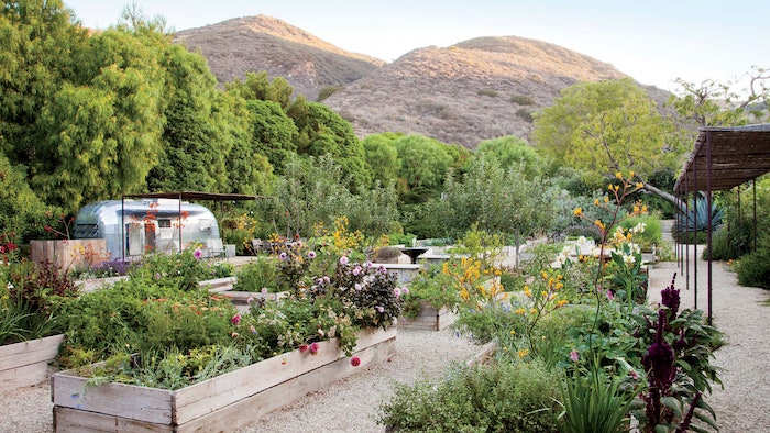 un jardin pres de la montagne avec de lits de fleurs et une caravane