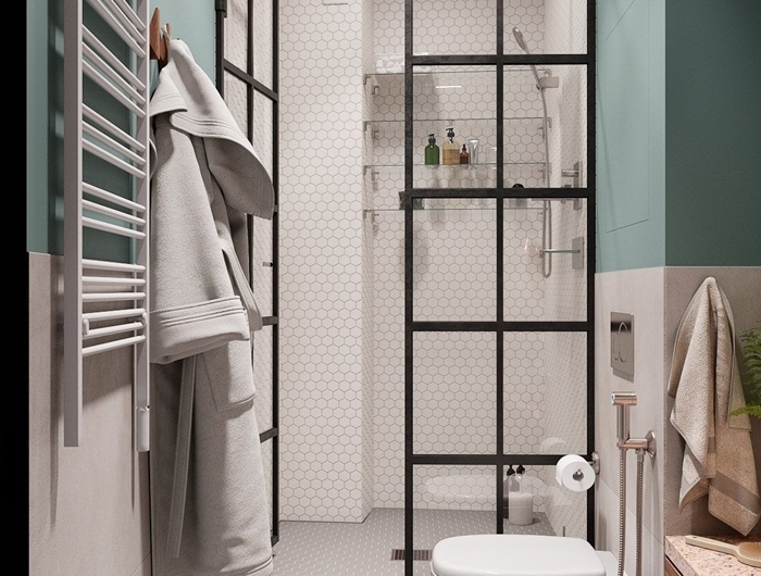verrière éclairage plafond spots led carrelage blanc motifs héxagonaux déco petite salle de bain cuvette wc suspendue