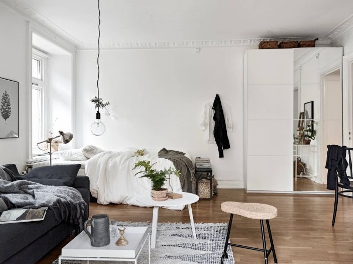 amenagement studio 20 m2 ave canapé gris lit cocooning sol parquet clair murs blancs intérieur scandinave