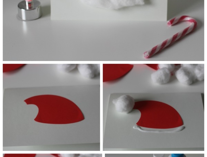 bricolage noel maternelle facile chapeau de père noel de papier rouge avec décoration de coton idée carte de voeux diy