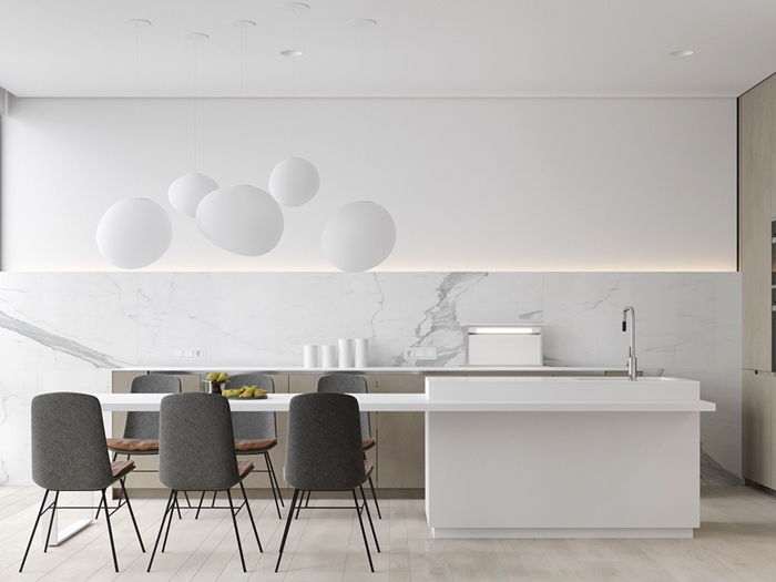 chaises gris crédence marbre lampe suspendue boule blanche cuisine ilot central moderne blanc et gris