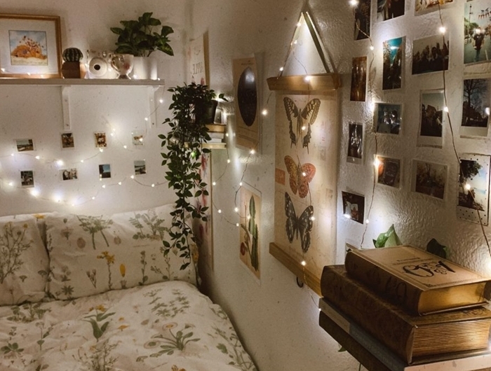 chambre 10m2 guirlande lumineuse cadre photo bois poster papillons livres anciens suspension plante