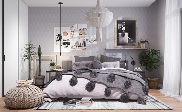 couleurs neutres couverture de lit pompons gris chambre parentale cosy pouf crochet mur affiches