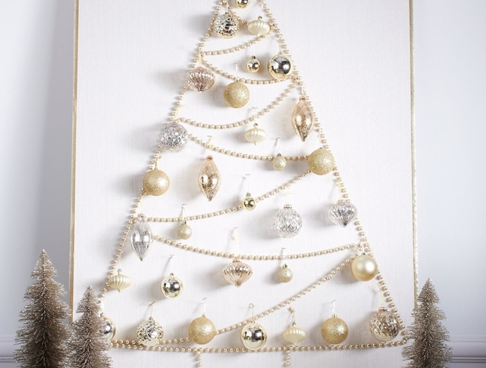 création noel tableau blanc guirlande perles ornements sapin de noel original étoile led boules or commode