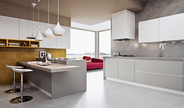 cuisine de luxe crédence carrelage gris meubles haut blanc meubles bas gris clair design cuisine blanc et gris