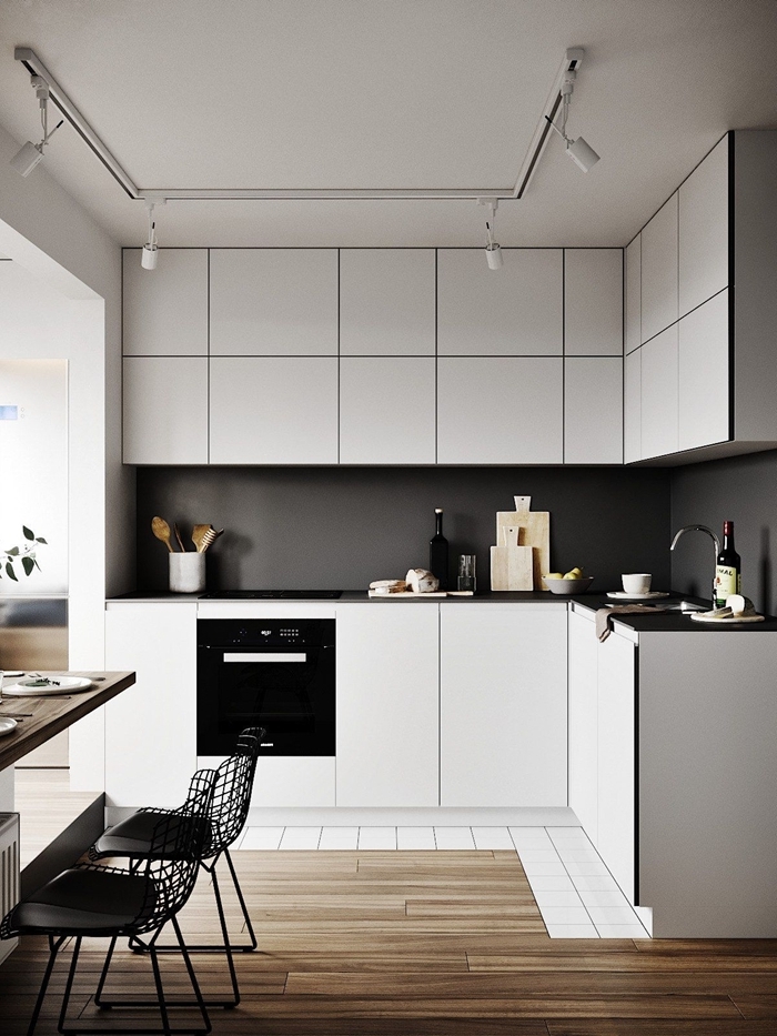 cuisine de luxe décoration intérieure agencement cuisine ouverte petite cuisine blanc et noir crédence gris anthracite mat