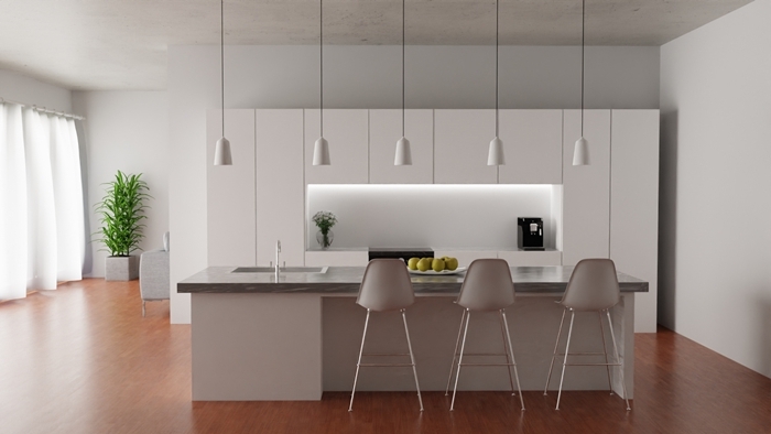 cuisine ilot central moderne design intérieur décoration cuisine blanche lampe suspendue crédence éclairage
