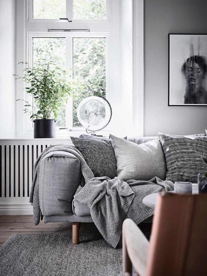 deco salon gris et blanc canapé et tapis gris cosy murs blancs plante verte en pot espace cocooning