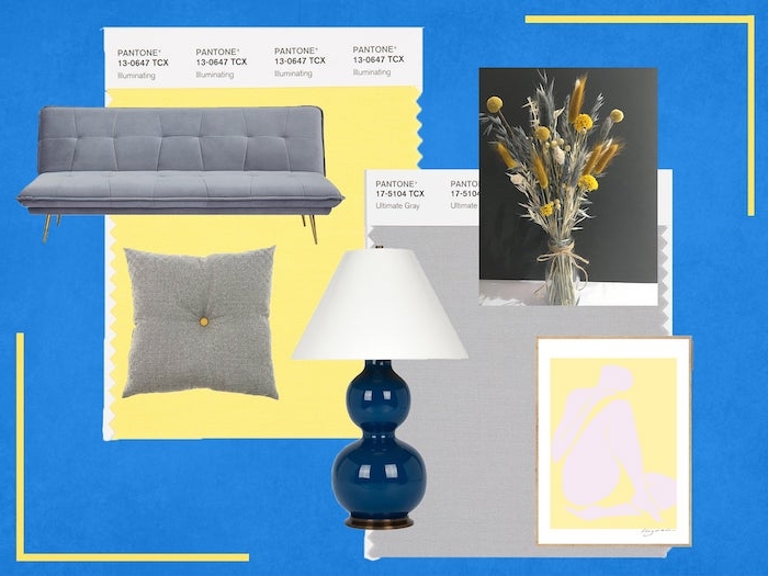 des differents meubles dans les couleurs de l anée par pantone un canape et coussin gris et tableaux aux element jaunes