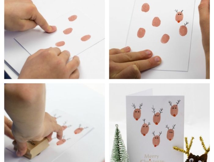 exemple carte de noel a fabriquer facile en empreintes de doigt de peinture marron nez rouge des yeux et des bois noirs