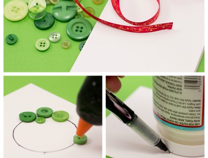 fabriquer une couronne de noel en boutosn verts et ruban sur bout de papier pour carte idée carte de voeux noel