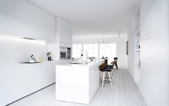 idee cuisine avec ilot design intérieur style minimaliste crédence cuisine minimaliste plande travail blanc