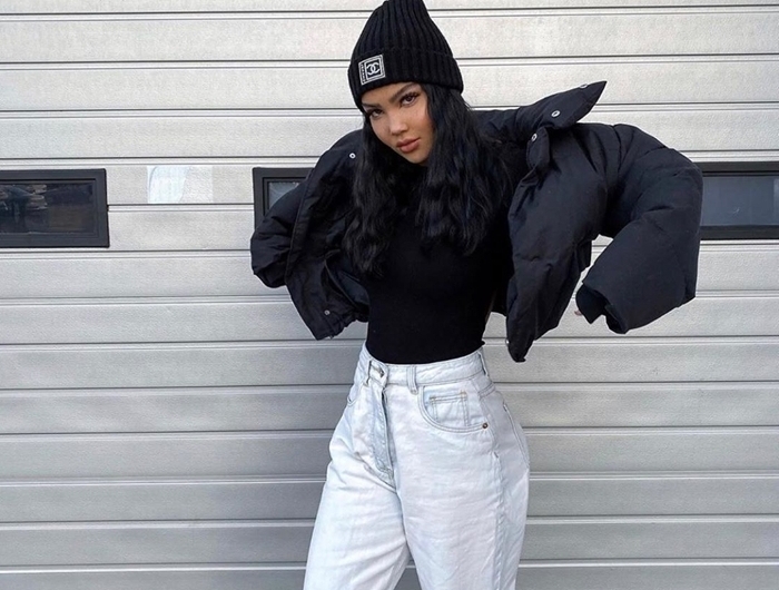 jeans troués oversize style américain femme pull noir bomber femme noir bonnet crochet