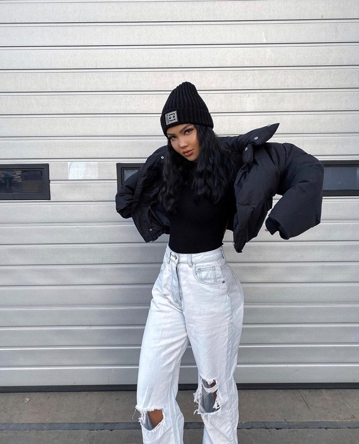 jeans troués oversize style américain femme pull noir bomber femme noir bonnet crochet