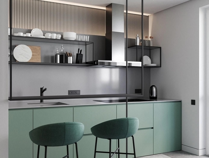 meubles bas vert pastel finition mate cuisine de luxe crédence grise rangement ouvert étagère métal noirci