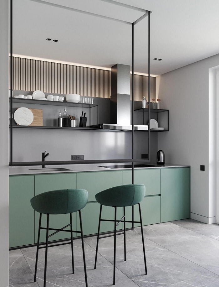meubles bas vert pastel finition mate cuisine de luxe crédence grise rangement ouvert étagère métal noirci