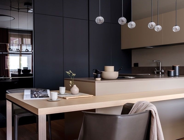 meubles haut beige crédence couleur taupe cuisine en l avec ilot central design petite cuisine moderne îlot table repas