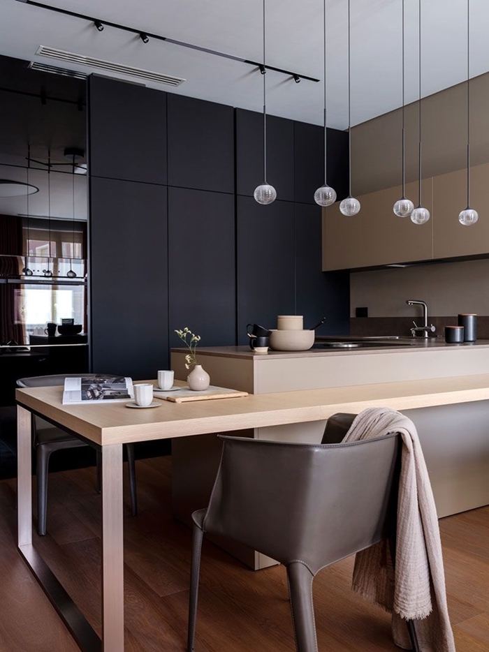 meubles haut beige crédence couleur taupe cuisine en l avec ilot central design petite cuisine moderne îlot table repas
