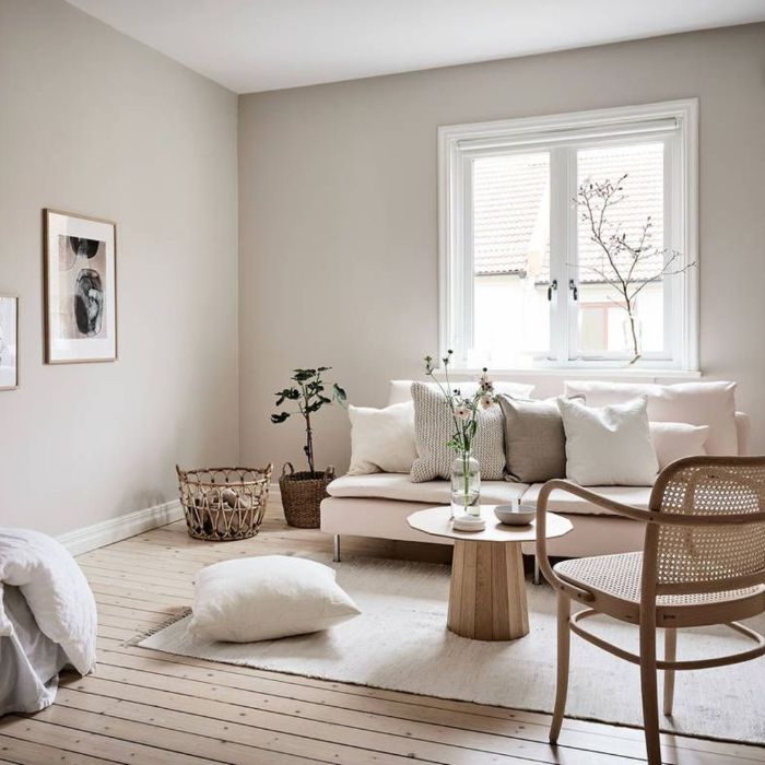 murs gris perle canapé beige décoré de coussons tapis blanc table basse minimaliste chaise cannage parquet bois clair original