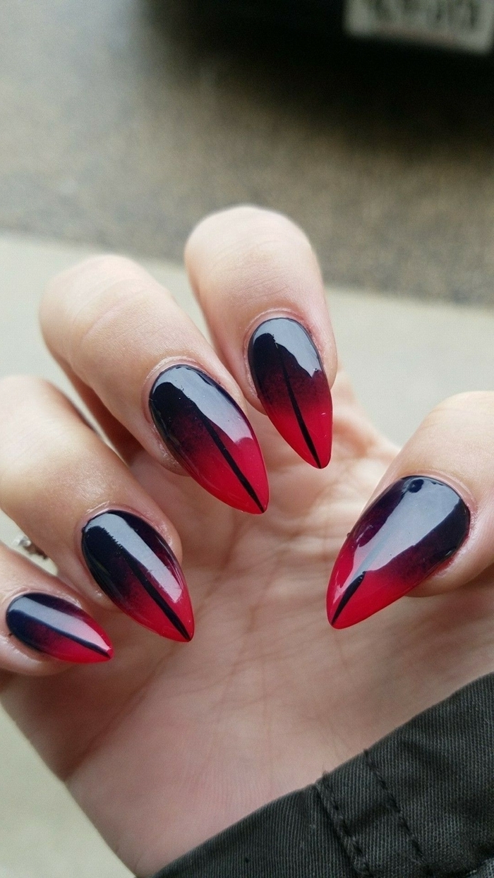 ongle rouge et noir manucure originale technique ongles ombré longs gel dessin trait noir facile