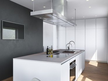 parquet bois armoires mecanisme ouverture idee cuisine avec ilot déco cuisine blanc et gris avec accents bois