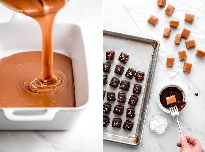 petits caramels couverts de chocolat avec decoration de sel idée recette de noel bonbon original