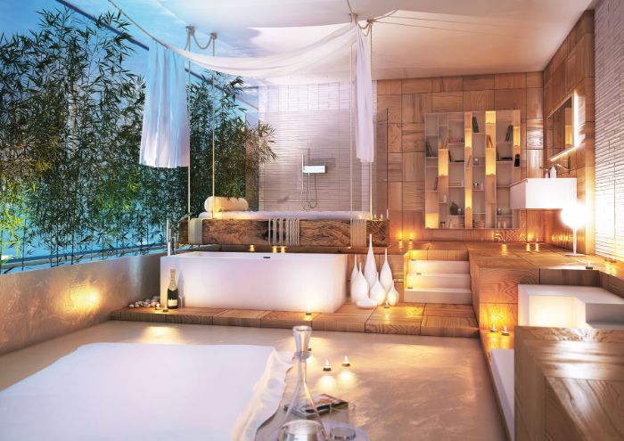 baignoire blanche salle de bain exterieure terrasse de bois bougies vases étagères bois ambiance cosy