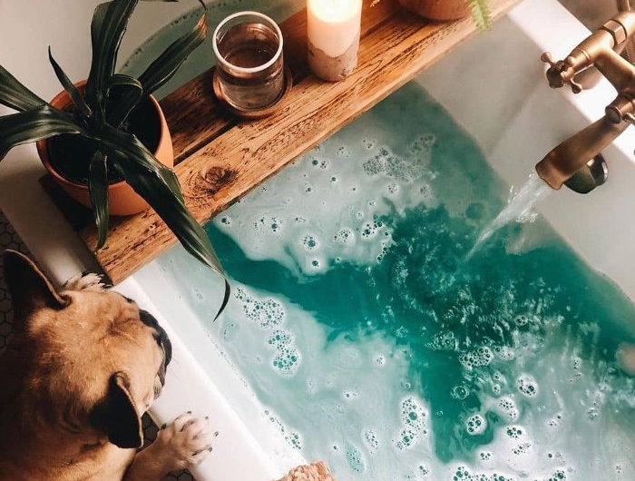 creer une ambiance cosy dans une salle de bain avec plantes vertes bougies robinetterie cuivre accents deco romantiques