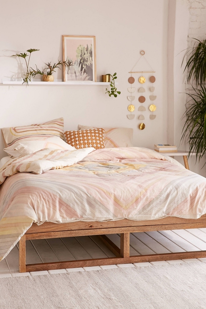 decoration au dessus d un lit design style boho moderne cadre de lit bois étagère bois blanc