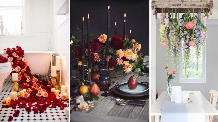 des fleurs pendants dans la cuisine et la salle de bain un bouquet de roses sur la table a manger soirée saint valentin