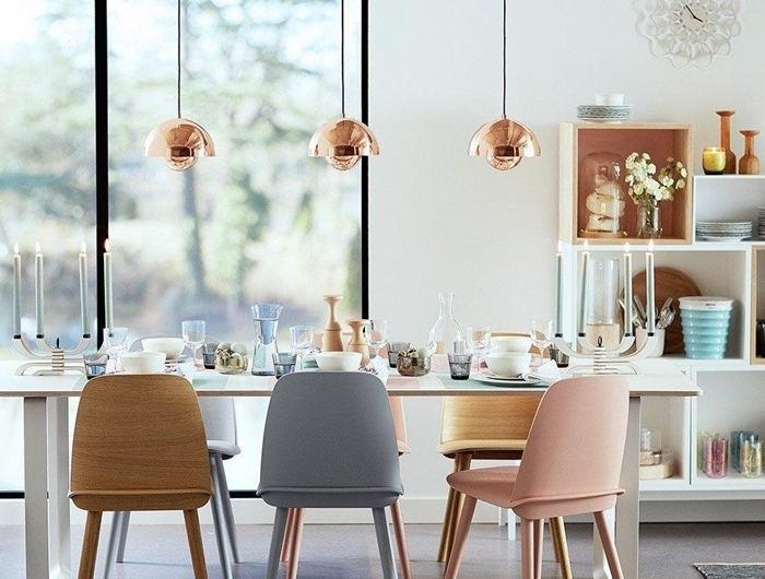 design intérieur moderne salle a manger moderne chaises couleurs pastel accents rose gold bois chaise