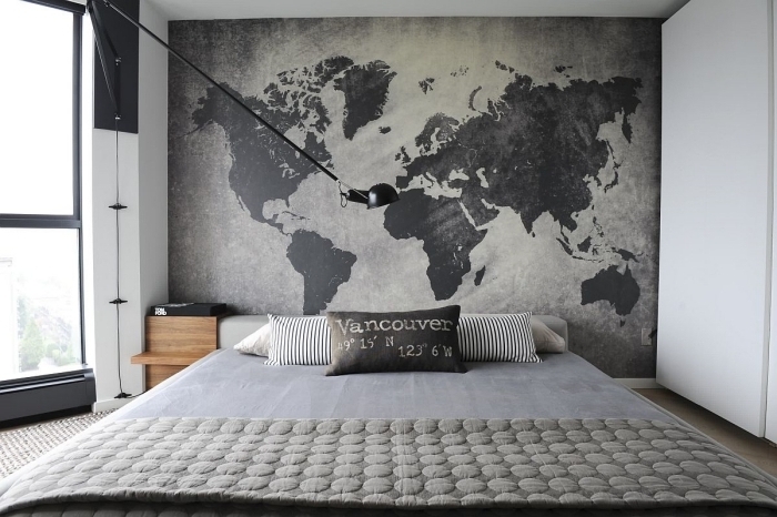 décoration murale chambre adulte design intérieur style minimaliste nuances de gris carte du monde