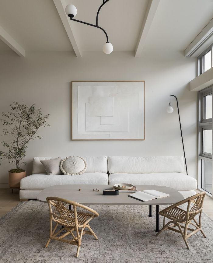 idée canapé blanc chaises tressés table basse grise murs blancs plafond haut tapis gris lampe suspension originale