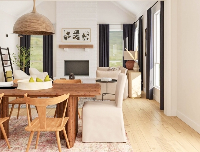lampadaire table à manger bois brut foncé meuble salle à manger chaise housse beige cheminée noir et blanc