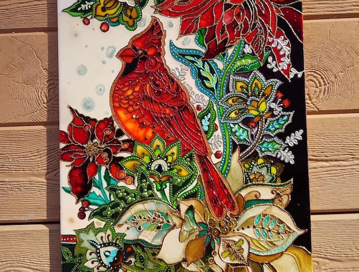 peinture acryique sur verre un tableau d oiseaux entoures des fleurs