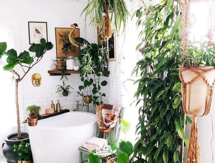 plantes vertes de salle de bain petite baignoire ovale plantes suspendus pots macramé carrelage blanc