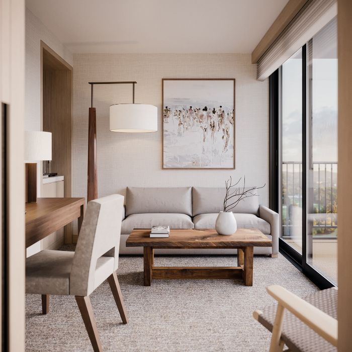 table basse bois canapé gris tapis gris chaises grises tableau d art contemporain style mobilier minimaliste