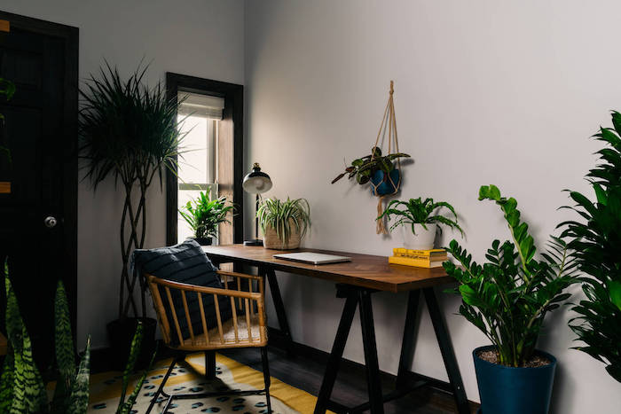 tendance déco 2021 un bureau de travail a domicile avec des grandes plantes vertes et une chaise en bambou
