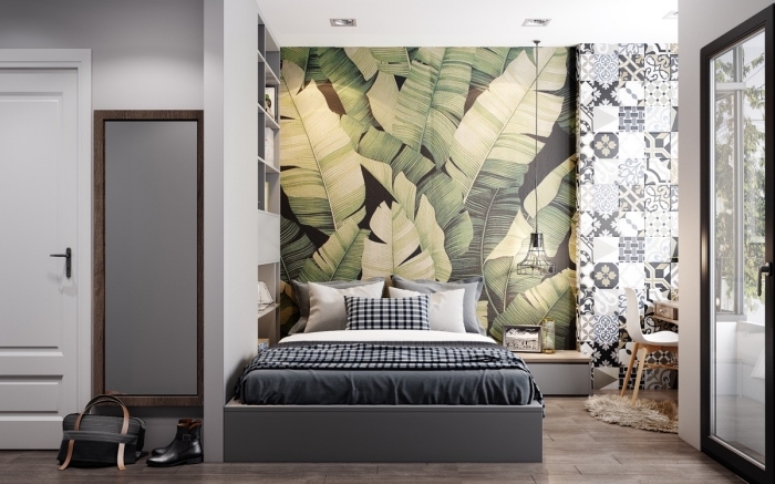 tete de lit originale papier peint imprimés tropicaux cadre de lit gris carrelage imitation bois