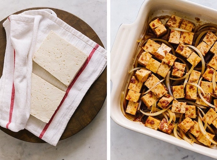 tofu mariné aux oignons dans une casserole idée de repas du soir léger vegan sans viande