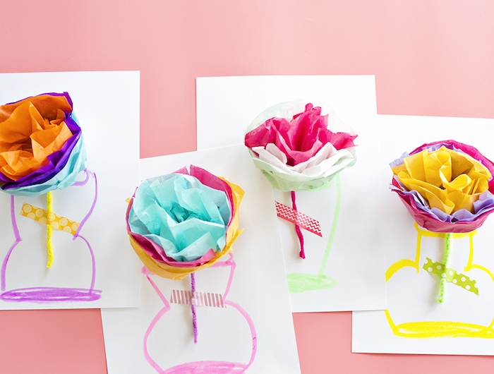 activité manuelle fete des grand mere vase dessiné sur papier et fleur en papier de soie diy coloré