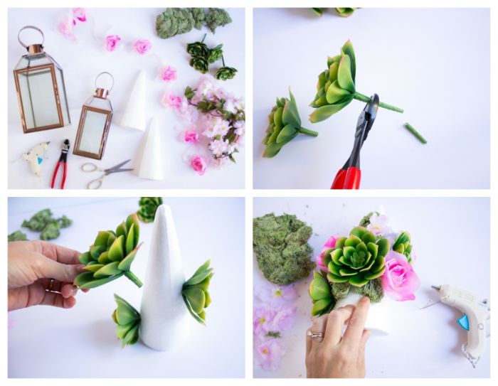 comment faire deco fleurie avec cones mousse florale décorés de fleurs succulents diy printemps