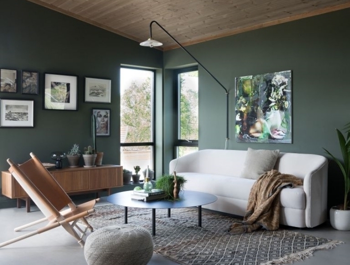 couleur peinture salon tendance 2021 revêtement plafond bois lampe noire mur de cadres noires