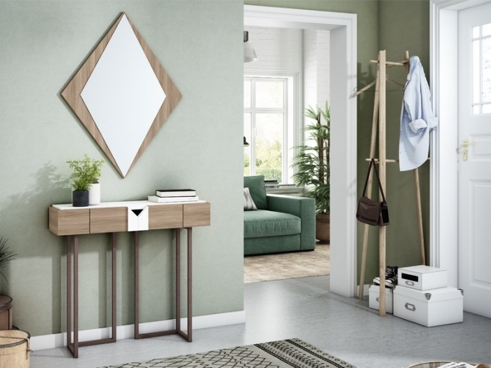 couleur tendance 2021 peinture vert meubles bois et métal tapis gris motifs géométriques miroir bois design