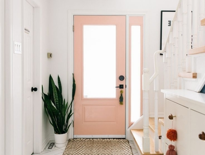 deco entree chic porte d entrée peinture rose pastel plante verte intérieur tapis beige et blanc
