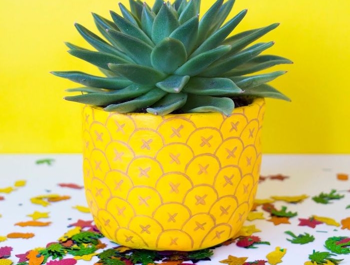 deco pot de fleur un succulent dans pot décoré a motifs d ananas posé sur une table avec des confettis parsemées