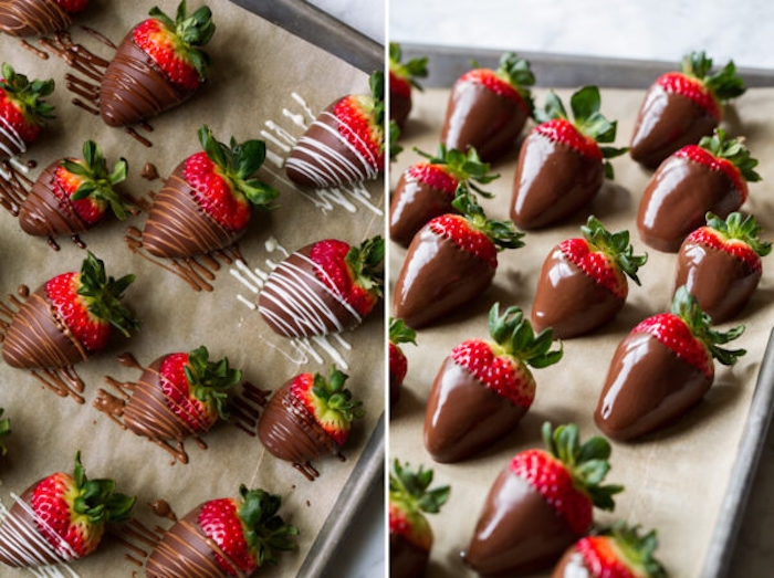 des fraises rangées sur papier et couvertes du chocolat fondu dessert saint valentin