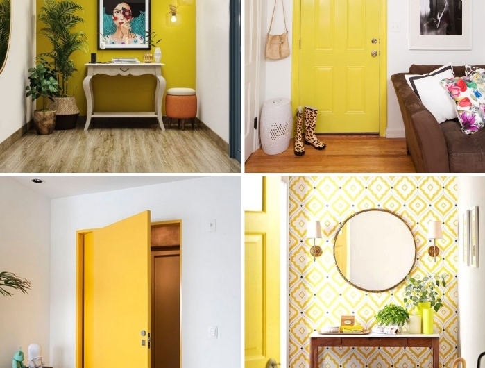 design intérieur tendance peinture murale couleur entrée jaune porte d entrée déco écléctque