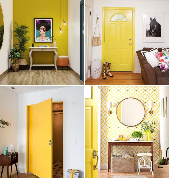 design intérieur tendance peinture murale couleur entrée jaune porte d entrée déco écléctque
