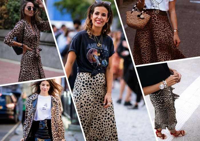 dessin léopard vêtements mode femme robe motifs animaliers lunettes de soleil tendance jupe léopard sandales rouges plates